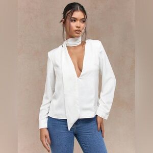 NWT Misguided XS Women’s Deep V Neck White Tie-Neck Long Sleeve Blouse